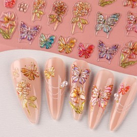 IDDFEVE Embossed Butterflies Nail Art Stickers - Jelly Flower Self-Adhesive 5D Nail Decals for DIY Spring Summer Floral Manicure (2 Sheets)