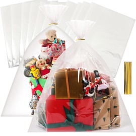 igoelove Clear Cellophane Bags Plastic Treat Bags with Twist Ties for Gift, Presents, Wine Bottles, Bridal/Baby Showers and More (Flat, No Gusset, Ribbon Included)(10PACK,30x40 Inch)