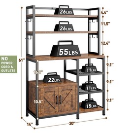 Raybee Bakers Rack,Microwave Stand with Storage Cabinet, Kitchen Coffee Bar with Side Hooks, Utility Shelf for Kitchens,Power Outlets Metal Organiser - Color: Rustic Brown