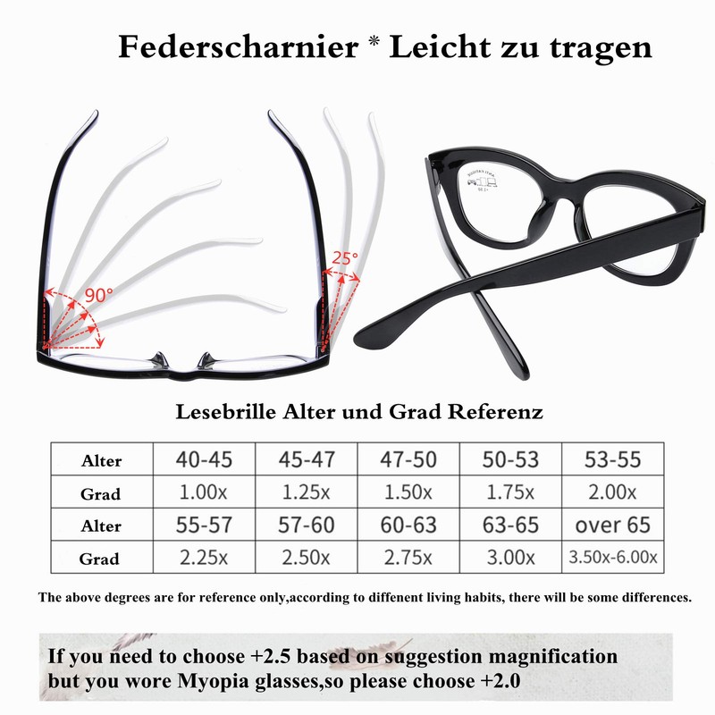 DOOViC Blaulichtfilter Lesebrille Schwarz Damen 2,25 - Großer Rahmen Breite