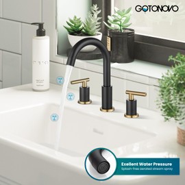 gotonovo 3 Hole 2 Handles Lavatory Basin Bathroom Sink Faucet with Pop Up Drain with Hot and Cold Mixer Valves 8 Inch Widespread Bathroom Faucet Black and Gold