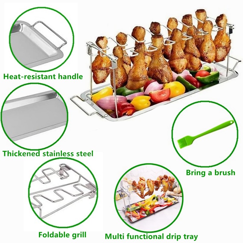 Chicken Leg Rack for Grill with Drip Tray, 14 Slots