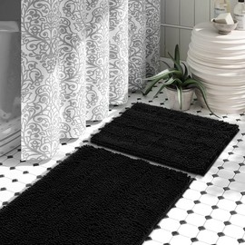 JOTOM Bathroom Rug, 2-Piece Bath Mat Set, Soft Non-Slip Bath Mats, Chenille, Absorbent Shaggy Bathroom Rug for Bath, Tub and Shower (Black)