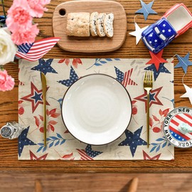 Artoid Mode Old Style Leaves Stars Patriotic 4th of July Placemats Set of 4, 12x18 Inch Memorial Day Holiday Table Mats for Party Kitchen Dining Decoration