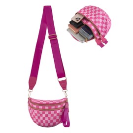 Checkered Crossbody Bum Bag for Women, Plus Size Water-resistant Nylon Roomy Fanny Packs Large Shoulder Belt Bag for Travel,Rose Red