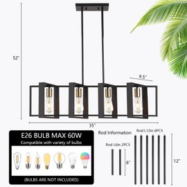 35.4" Kitchen Island Lighting Fixture, Dining Room 4 Lights Chandeliers, Black Wood+Metal Pendant Light for Foyer Hallway Living Room