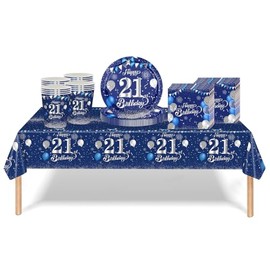 53Pcs Navy Blue and Sliver 21st Birthday Party Tableware Decorations,21st Birthday Table Cloth Plates and Napkins Cups Sets for Him Her Boys Girls Birthday Table Decorations for 21st Gifts Dinnerware