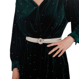 Jumwrit Elastic Pearl Belt for Women Rhinestone Waist Chain Belt Flower Layered Pearl Wedding Dress Belt Sash Off White Round Pearl Bridal Belt（Style 4）