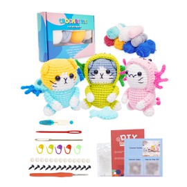 UCEC 3 Pack Crochet Animal Kit—Cute Cat Crochet Kit for Beginners, Crochet Kit for Beginners with Easy-to-Follow Video Guide for Beginners & Arts and Crafts for Adults (Blue & Pink & Green)