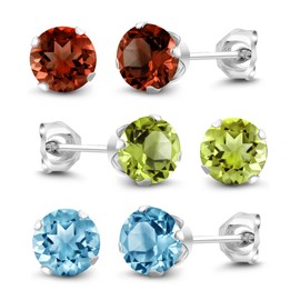 Gem Stone King Set Of 3  6MM Topaz Peridot and Garnet 925 Sterling Silver Stud Earrings for