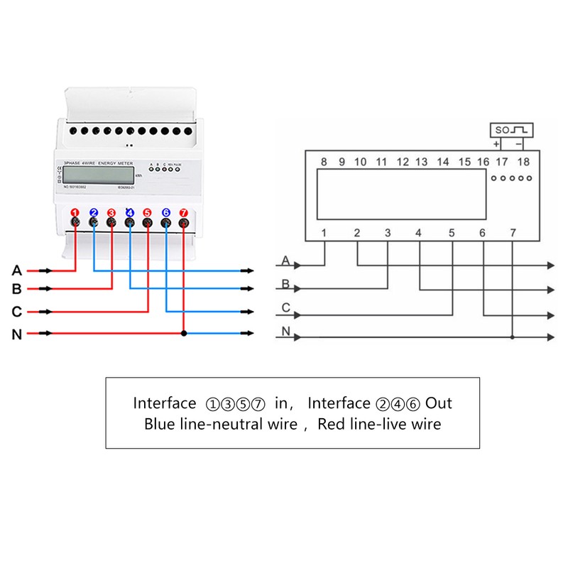 Rail Energy Meter 3Phase 4Wire 7P LCD Down‑in Down‑out Portable