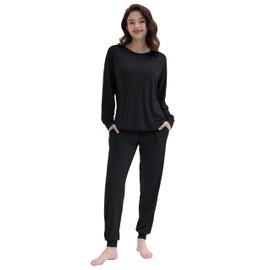 Joyaria Womens Pajamas Jogger Pants Set Long Sleeve Pjs Soft Loungewear with Pockets(Black, Medium)