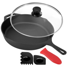 Megachef 12 Inch Pre-Seasoned Cast Iron Skillet with Tempered Glass Lid