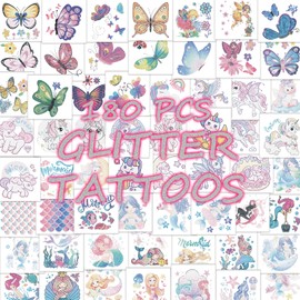 180Pcs Glitter Temporary-Tattoos for Kids - Individually Butterfly Mermaid Unicorn Flowers Tattoos Stickers Goodie Bags Stuffers for Girls Toddler School Birthday Party Favors Supplies Decoration
