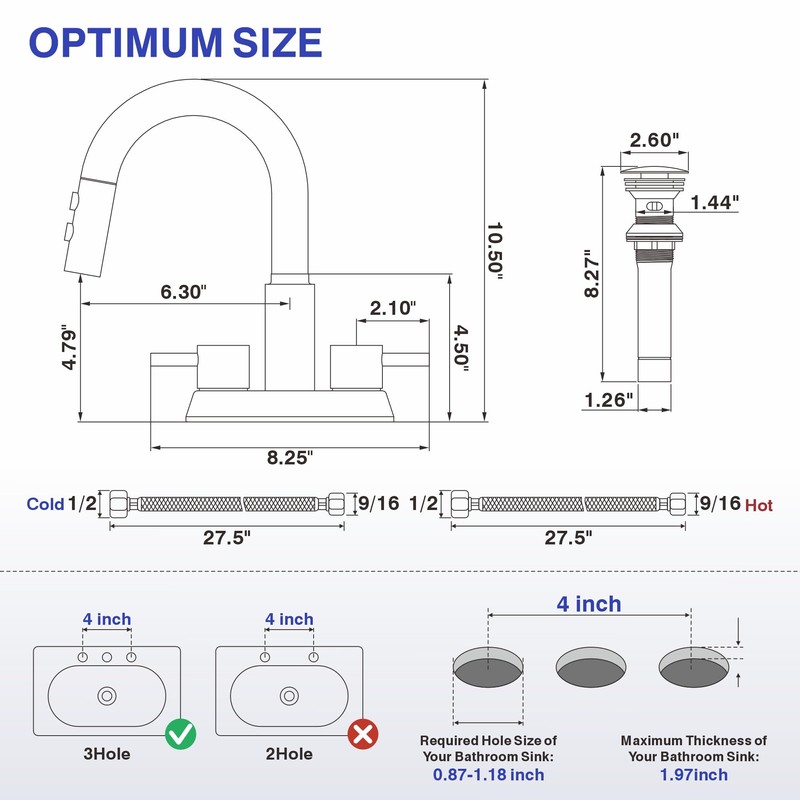 Kablle Bathroom Sink Faucet with Pull Down Sprayer 3 Holes,