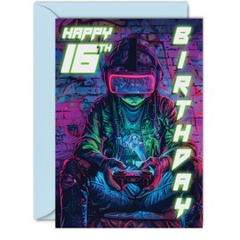 16th Birthday Cards for Boys Girls - Video Game Gamer - Happy 16 Birthday Card for Son Daughter Nephew Niece Grandson, 5x7 Inch Sixteen Sixteenth Bday Greeting Cards