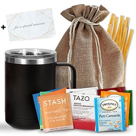 Bellina Tea Gift Baskets for Women and Men - Herbal Tea Variety Pack Gift Set for a Special Someone & Tea Lovers - Tea Mug Gift Set With 20 Premium Teas, 10 Honey Straws, Gift Tag, Natural Gift Bag