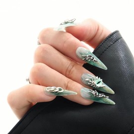 Chic Chit Press On Nails: Angelology, Hand Made, Almond, metal, green golden, reusable, M size