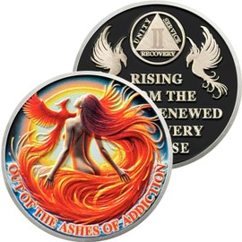 2 Year Phoenix Sobriety Coin Woman Set, AA Medallion with Serenity Prayer, 3D Alcoholics Anonymous Recovery Anniversary Token for Women Men, AA Sobriety Chip Gifts for Sober
