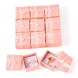 Cheriswelry 12 Pack Cardboard Rings Boxes with Sponge Inside Square Rings Boxe with Bowknot for Proposal Engagement Wedding Anniversary, Pink