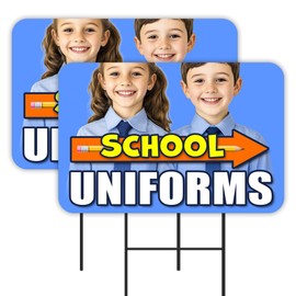 Vista Products School Uniforms - Now Enrolling 2 Pack Double-Sided Yard Signs 16" x 24" with Metal Stakes (Made in Texas)