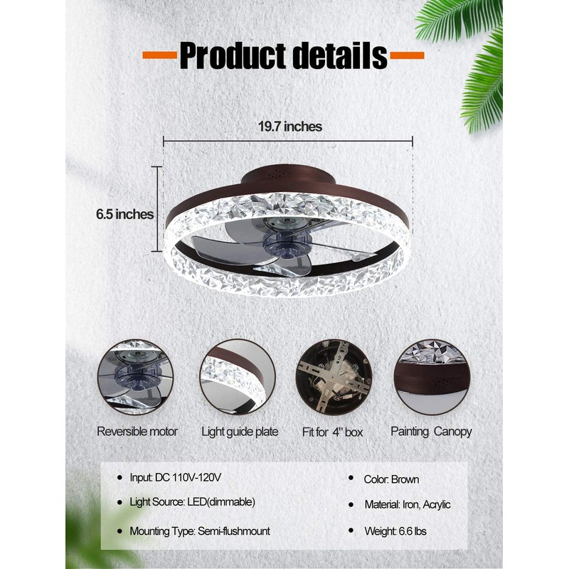 Low Profile Ceiling Fan with Light, 19.7" Flush Mount with