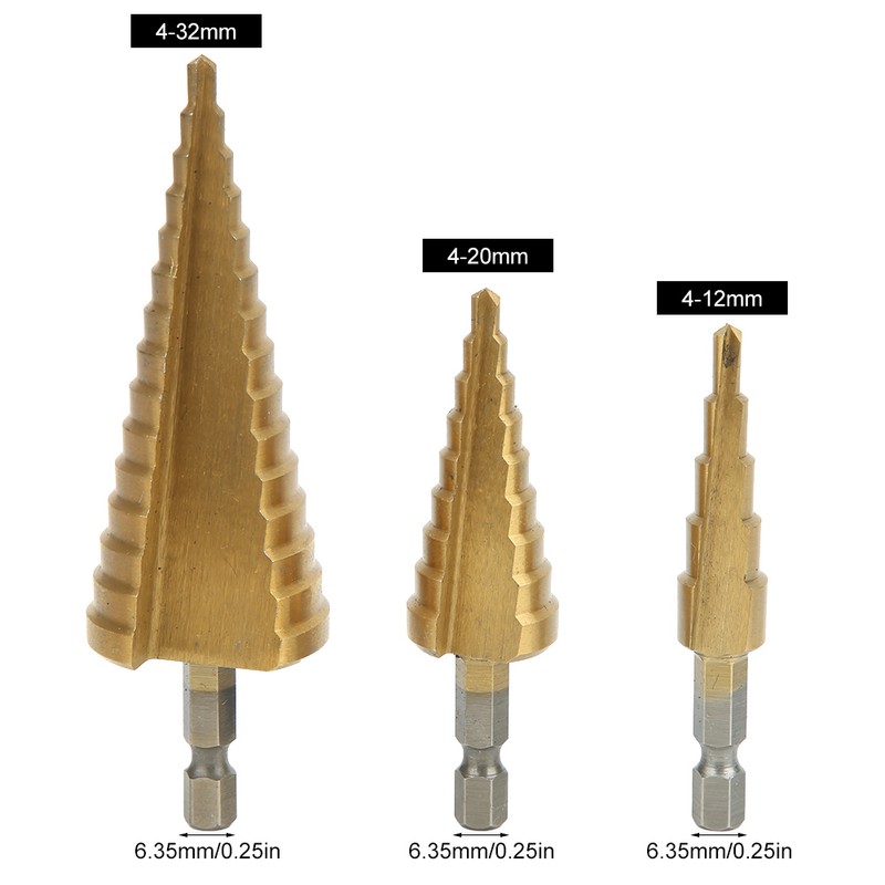 3Pcs Step Cone Drill Bit 6.35mm Hex Shank High Speed