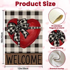 Vellibring Valentine Welcome Garden Flag 12×18 Valentines Day Double Sided Garden Flag Red Love Heart Buffalo Plaid Burlap Flag Yard Outdoor Farmhouse Porch Anniversary Wedding Decor