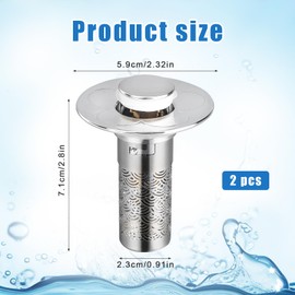 lasuroa 2pcs Bathroom Sink Stopper Hair Catcher, Pop Up Sink Plug Drain Strainer with Removable Stainless Steel Filter Basket, Bathtub Drain Protector for Prevent Clogging
