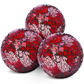 DomeStar 3PCS Decorative Balls for Bowls, 3 Inch Dark Red Orbs Glass Balls for Centerpiece Bowls Mosaic Sphere for Home Decoration Dining Table