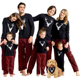 IFFEI Matching Family Pajamas Sets Christmas Pajamas with Deer Long Sleeve Tee and Plaid Pants Loungewear 9-12 Months
