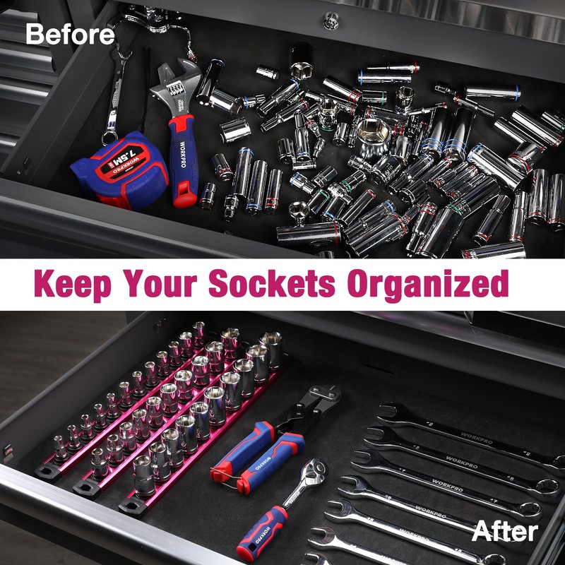WORKPRO Magnetic Socket Organizer, 3/8-Inch Drive Aluminum Alloy Socket Rail,
