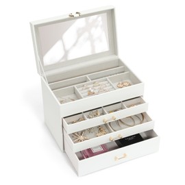 V-LAFUYLIFE Jewelry Box with Mirror，Jewelry Holder Organize with 3 Drawer，4-Layer Jewelry Box for Women Girls，Large Jewelry Storage Box. (White