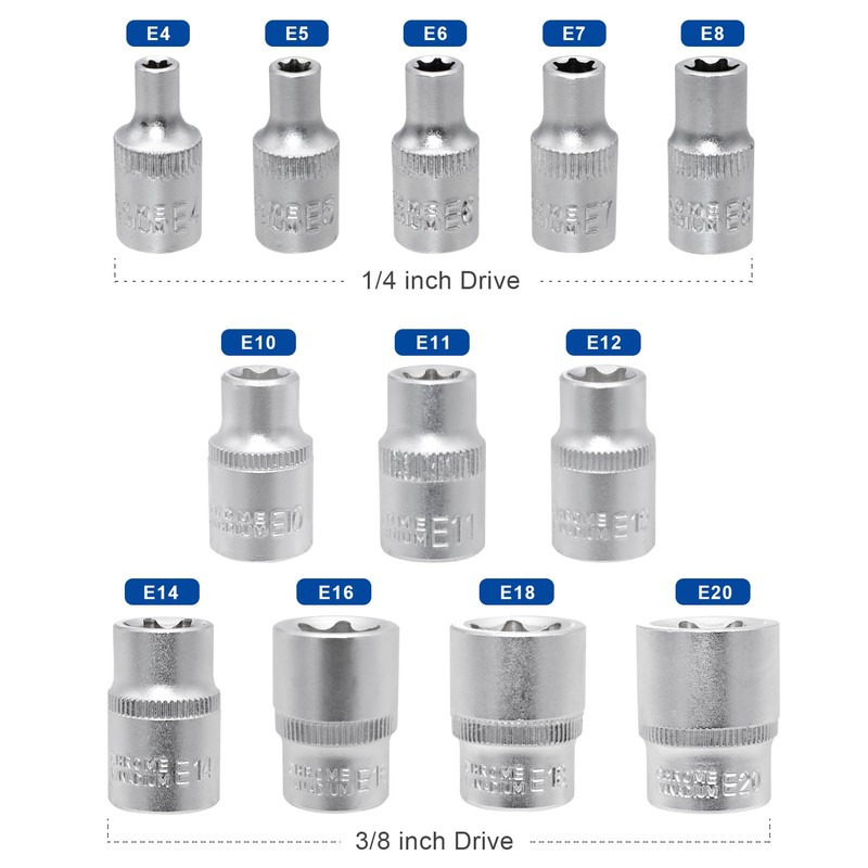 DAKCOS 12 Piece Female Torx Socket Set, E-Torx Star Socket