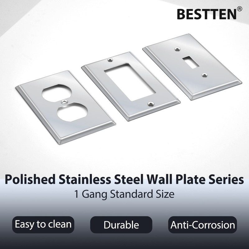 [10 Pack] BESTTEN 1 Gang Mirror Polished Stainless Steel Duplex