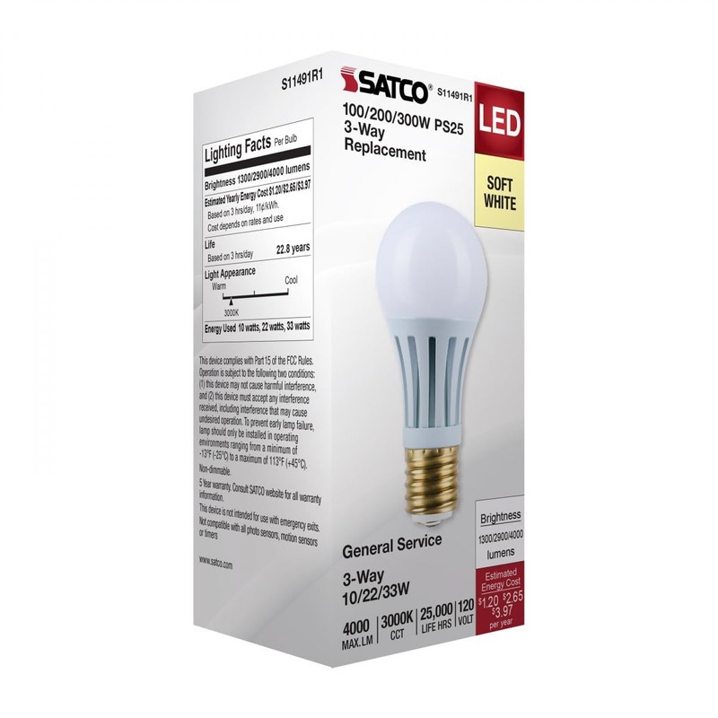 Satco LED Three-Way Lamp, 10/22/33W, Mogul Base, 3000K, White Finish
