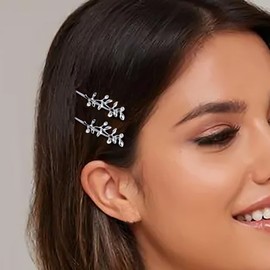 Aneneiceera Boho Leaf Hair Clip Vintage Silver Crystal Hair Pin Retro Hair Clip Bridal Rhinestone Hair Bobby Pins Wear Hair Clips Wedding Hair Accessories for Women and Girls 2 Pieces (Silver)