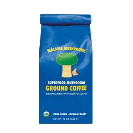 Lion's Mane Coffee by Malama, Fruiting Body Lion's Mane Mushrooms blended with Kona Coffee, Superfood Adaptogenic Mushroom Extract with Fair Trade Coffee, Medium Roast Ground Coffee, 12 oz