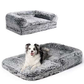 EHEYCIGA Foldable XXL Dog Bed, Faux Fur Fluffy Pet Couch Bed for Extra Large Dogs, Orthopedic Calming Memory Foam Pet Bed, Washable Soft Pet Sofa Bed with Non-Slip Bottom, Faded Black, 54"x38"x7.5"