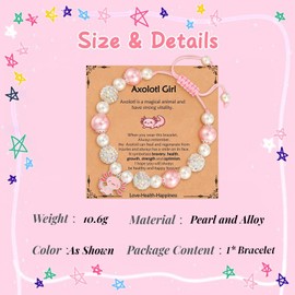 Ticome Axolotl Bracelet for Girls,Pink Pearl & CZ Ball,Alloy Pendant Bracelets,Adjustable Bracelet,Charm Cute Christmas Birthday Jewelry Gifts