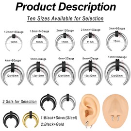 BodyAce 2Pairs Buffalo Ear Taper Kit, 2-12G Septum Pincher Tapers C Shape Nose Jewellery, Black Stretching Ear Piercing Expanded Septum Ring with O-Rings [12G(2mm)]