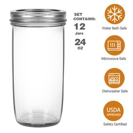 Ieavier Mason Jars Wide Mouth 24oz, 12 pack Glass Pickle Canning Jars Food Storage With Airtight Mason Jar lids and Bands for Canning, Preserving, Fermenting, Pickling, DIY Projects (12)