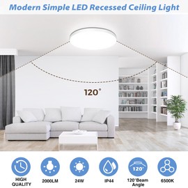 LED Deckenleuchte Flach Deckenlampe Ø28cm 24W,6500K, LED Lampen 2000LM, IP44 Wasserfest Rund Wohnzimmerlampe Decke Schlafzimmer Modern Schlicht Ultra Dünn für Badezimmer/Wohnzimmer/Balkon/Keller/Flur
