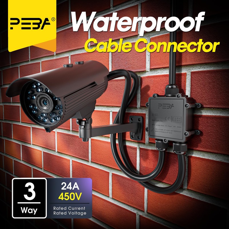 PEBA IP68 Waterproof Cable Junction Box, 3-Way Outdoor Cable Connector,