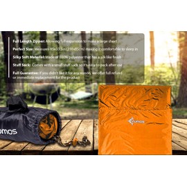 Vumos Sleeping Bag Liner and Camping Sheet - Silk Like Material for Travel - Has Full Length Zipper - Orange