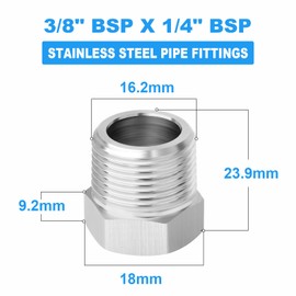 ERGAOBOY 10 Pcs 304 Stainless Steel Reducer Hex Bushing, 3/8" BSP Male to 1/4" BSP Female Pipe, Reducing Adapter Fitting Converter