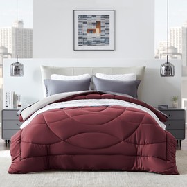 SLEEP ZONE Queen Comforter Duvet Insert, Down Alternative Reversible Comforter, Lightweight, Soft and Breathable Bedding All Season, A Side Burgundy + B Side Grey