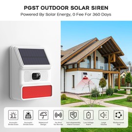 PGST Solar Motion Alarm,Outdoor Siren Detector with Flashing Light,IP65 Waterproof,Remote Control,11 Sound Switching Options,120dB Loud Noise Maker for Home,Farm,Yard,Garden,Fish Pond,Driveway