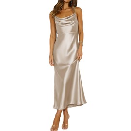Mogidol Summer Satin Spaghetti Strap Cowl Neck Backless Midi Dresses for Women Elegant Tie Low Back Ruched Cocktail Dress Champagne