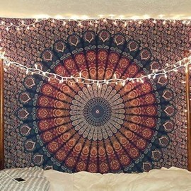 Marubhumi Indian Mandala Tapestry, Indian Hippie Hippy Wall Hanging, Bohemian Twin Wall Hanging Tapestries, Bedspread Beach Tapestry Red Blue, Medium 50x60 Inch